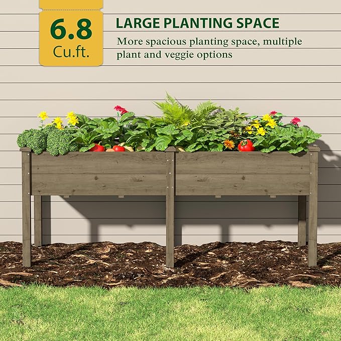 BlueWish 72''L x 23''W x 30''H Outdoor Cedar Garden Bed Raised Garden Bed with 8 Drainage Holes &amp 6 Legs Elevated Planter Boxes for Gardening Vegetable Flower 661lbs Capacity Brown