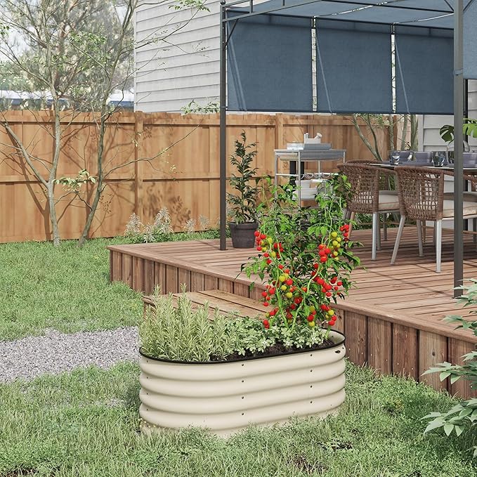 Outsunny 3.5' x 2' x 1.4' Galvanized Raised Garden Bed Kit Outdoor Metal Elevated Planter Box with Safety Edging Easy DIY Stock Tank for Growing Flowers Herbs &amp Vegetables Cream