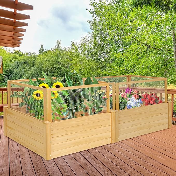 Giantex Raised Garden Bed with Fence Wood Planter Raised Bed with Critter Guard Fence 9 Grids Plant Container Outdoor Plant Box for Garden Patio Backyard Balcony (42 Lx42 Wx32.5 H)