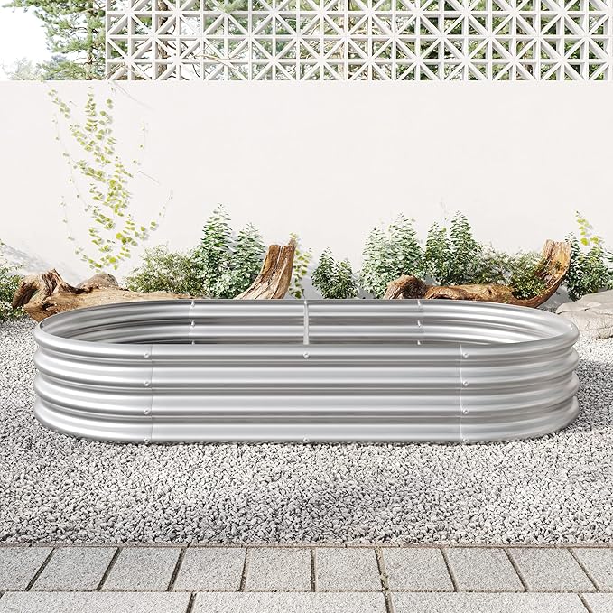 DSHADE Outdoor Raised Garden BedOval Large Galvanized Metal Raised Planter Bed Garden Bed Kit Anti Rust Garden Beds Large Metal Planter Box for for PlantsVegetablesFlowers (Silver)