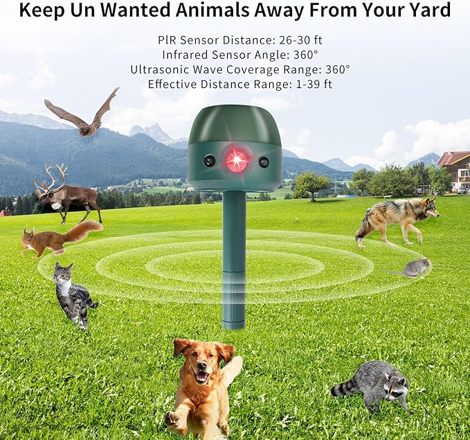 Ultrasonic Solar Animal Repeller for Yard 5 Modes Outdoor Cat Squirrel Repellent with Motion Sensor Flame Light Motor Vibration Deterrent for Deer Skunk Dog Snake Gophers for Yard Garden