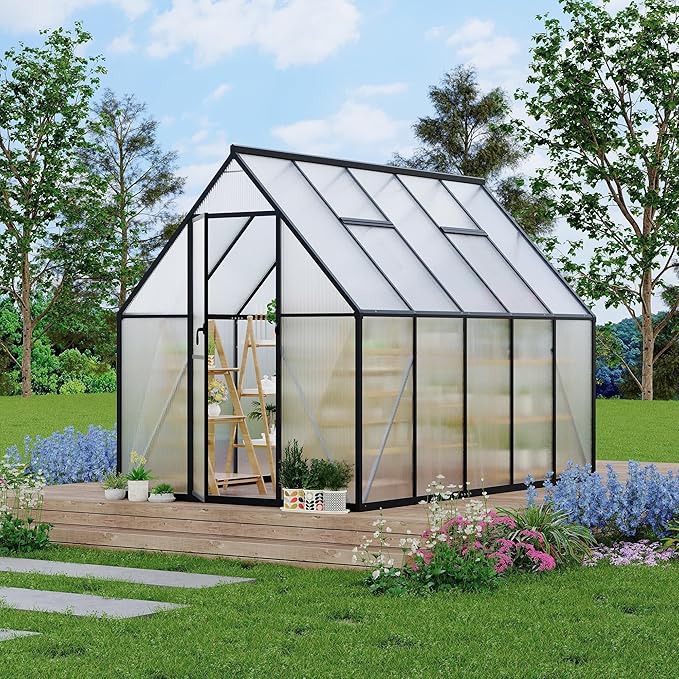 6×9FT Greenhouses for Outdoors Aluminum Polycarbonate Greenhouses with Roof Vent - Heavy-Duty Walk-in Green Houses for All-Season Backyard Gardening