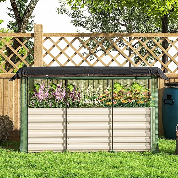 Galvanized Steel Raised Planter Container with Integrated Vegetable Cage and UV-Absorbing Shade Screen Beige Finish Premium Material