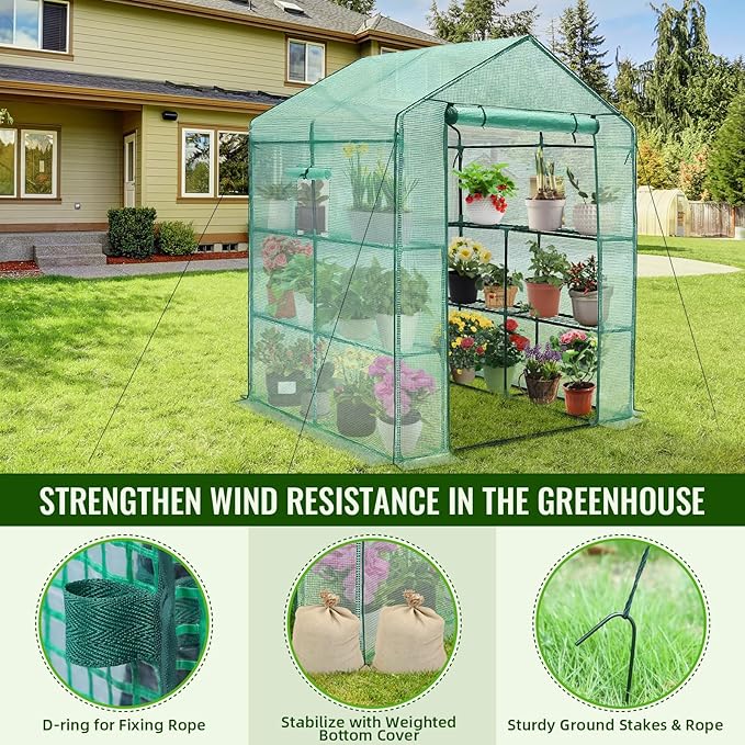 Greengro Greenhouse 57 x 57 x 76'' Greenhouses for Outdoors Durable Green House Kit with Window Thicken PE Cover 3 Tiers 8 Shelves Heavy Duty Walk in Green Houses for Indoor Backyard Outside