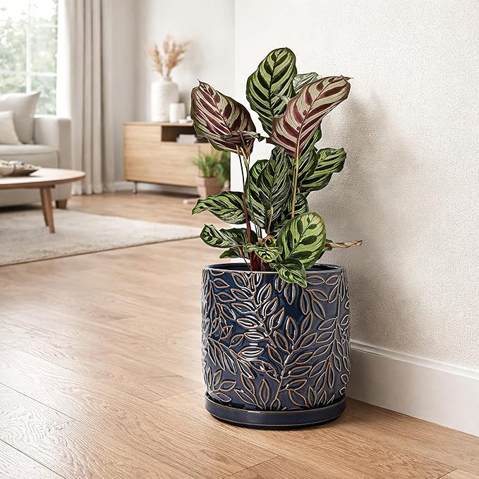 D'vine Dev 8 Inch Embossed Leaves Stoneware Planter Pot with Drainage Hole and Saucer Midnight Blue 27-A-Q-3