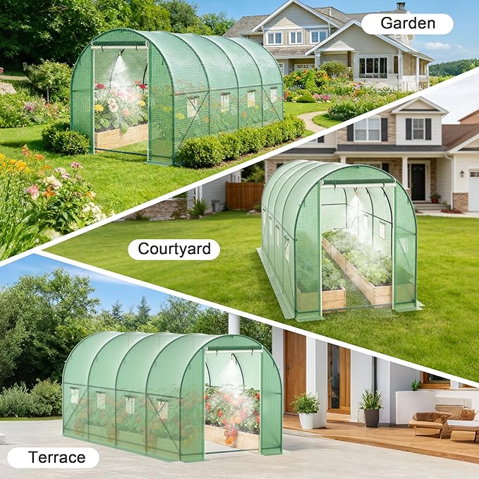 Greenhouses for Outdoors Walk-in Green Houses for Outside Heavy Duty Large Greenhouse with 8 Ventilated Screen Windows &amp 2 Roll-up Doors &amp Reinforced Frame (15×7×7 FT with Irrigation System)