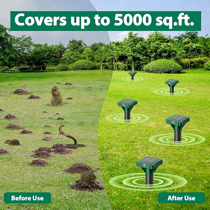4 Pack Mole Repellent Solar Powered Vibrating Solar Mole Repellent Stakes for Voles Groundhogs Snakes &amp Gophers IP65 Waterproof Mole Deterrent for Yard Farm Lawn &amp Garden