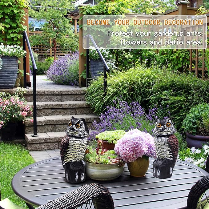 Hedoc 2 Pack Fake Owl Decoys to Scare Birds Away(15 inch) Rotating Head Sculptures Nature Enemy Scarecrow Plastic Statues Pest RepellentPigeon Deterrent Outdoor Yard Garden Protectors