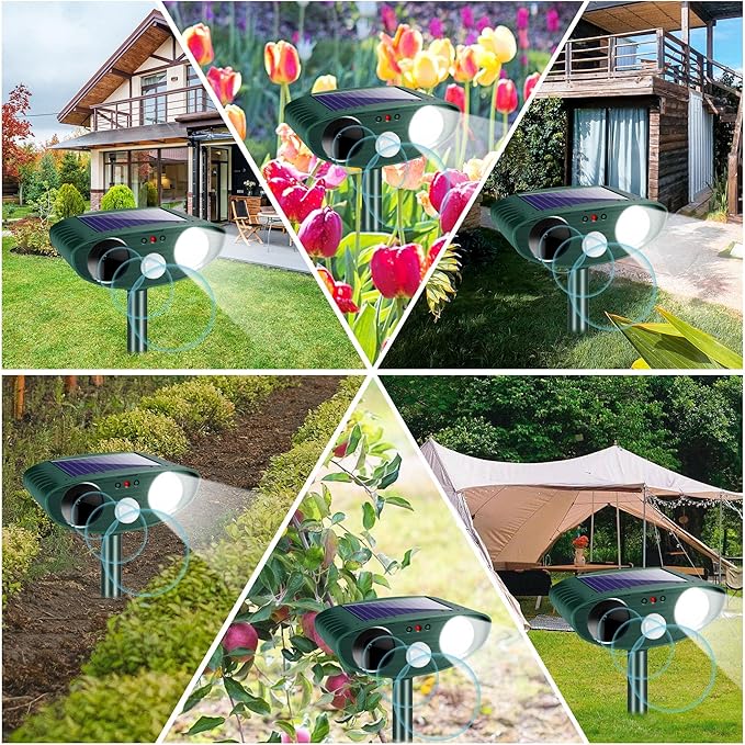Solar Ultrasonic Animal Repellent Outdoor Cat Repellent Deer Repeller Animal Deterrent Devices for Squirrel Rabbit Raccoon Dog Coyote Rodent Skunk Out of Yard Garden Lawn2 Pack
