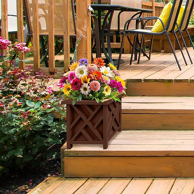 Lattice Design Planter Box - 15.5-Inch-Square Decorative Outdoor Flower or Plant Pot - Front Porch Patio and Garden Decor by Pure Garden (Brown)