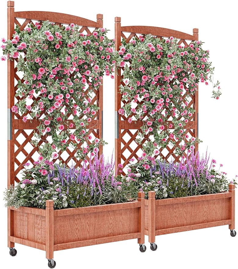29.5x13x61.5 Inch Raised Garden Bed with Trellis &amp Wheels Standing Vertical Horticulture Planter Box for Climbing Plants Vegetables Planters with Drainage Holes 2 PC