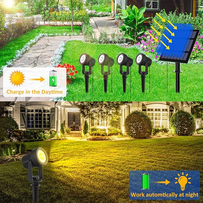 T-SUNUS Solar Spot Lights Outdoor Warm White Solar Powered Landscape Spotlights Low Voltage IP65 Waterproof 9.8ft Cable Auto On/Off for Outdoor Garden Yard Driveway Porch Walkway 3000K
