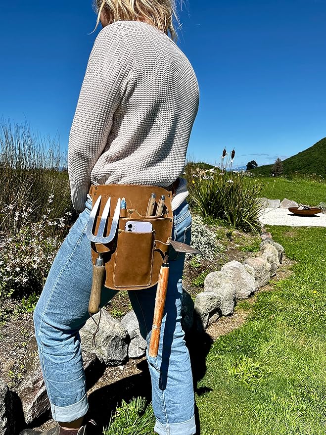Rubys Collection™ Leather Garden Tool Belt- Gardening holster with pockets &amp Adjustable Waist Strap. Florist tool belt Leather Utility Belt &amp Women’s Garden Tool Pouch
