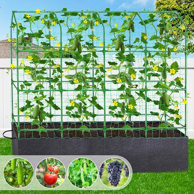 66x65x18 Inch Cucumber Trellis for Raised Bed - with 61 Gallon Grow Bags Garden Trellis for Climbing Plants Outdoor with Climbing Net and Plant Support for Cucumber Tomato Vegetable Grape Vine