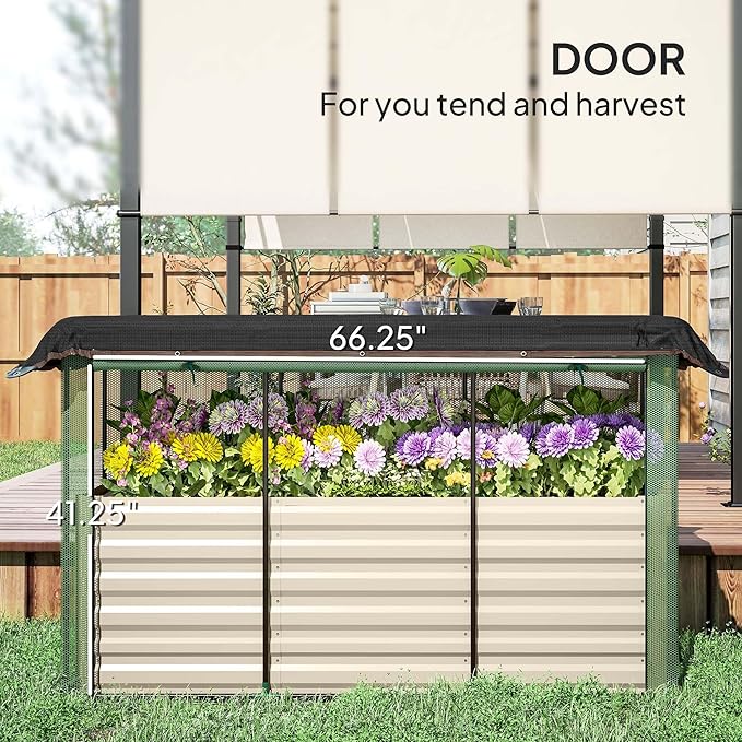 Galvanized Steel Raised Planter Container with Integrated Vegetable Cage and UV-Absorbing Shade Screen Beige Finish Premium Material