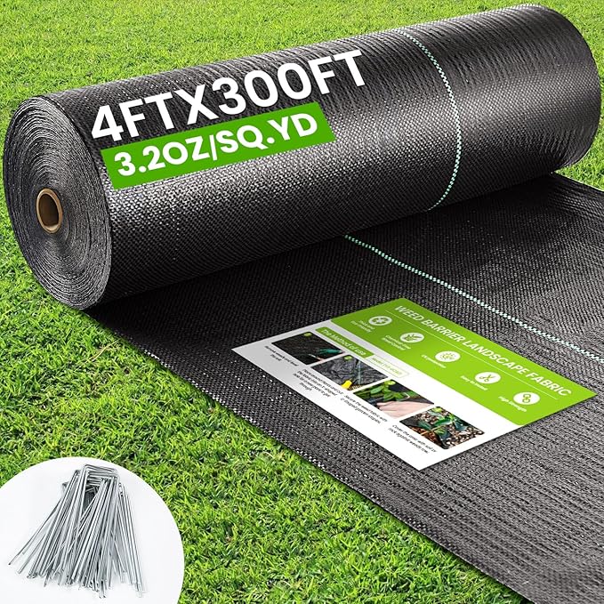 Rintea 4FTX300FT Weed Barrier Fabric 3.2oz Landscape Fabric Durable Weed Barrier Fabric Heavy Duty with 20 U-Shaped Securing Pegs for Landscaping Weed Blocker Garden Bed Cover Commercial Driveway