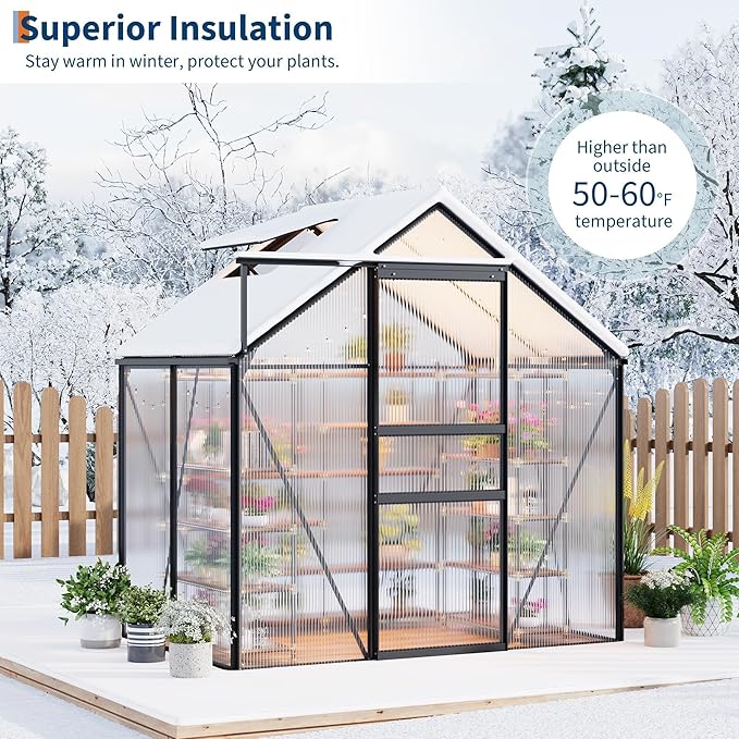 6x4FT Greenhouse for Outdoors Walk-in Polycarbonate Greenhouse with Sliding Door Adjustable Roof Vent &amp Gutter System Portable Outdoor Green House Kit for Winter Gardening