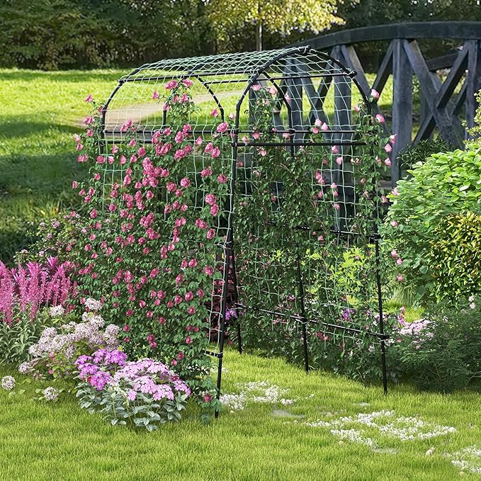 Garden Arch Trellis 71 x 45 x 90 Tall Metal Plant Support w/Net Rustproof PE-Coated Frame Garden Trellis for Climbing Plants Vegetable Flower Vine Perfect for Outdoor Yard Lawn