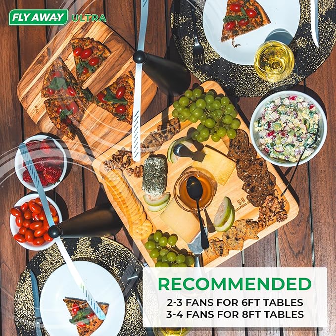 Fly Away Ultra - 2 Pack Rechargeable Outdoor Fly Fans for Tables with Ultrasound Outdoor or Indoor Tabletop use Restaurant Barbeque Events Deter Flies Wasps Bees Moscas and Bugs Hanging Hook.