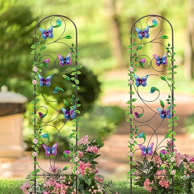 WAIU 2 Pack Butterfly Metal Garden Trellis for Climbing Plants Decorative Outdoor Trellis for Flowers Rustic Garden Decor for Patio Lawn Yard Backyard