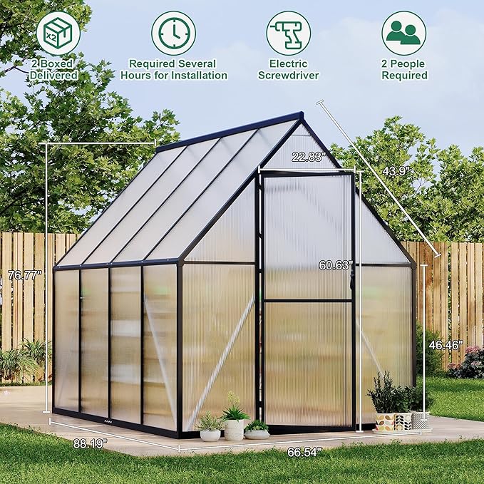 6x7 ft Greenhouse Aluminum-Framed Greenhouse for Outdoors Large Walk-in Green House with Quick Setup Structure and Roof Vent for Outside Garden Backyard Patio Lawn Silver