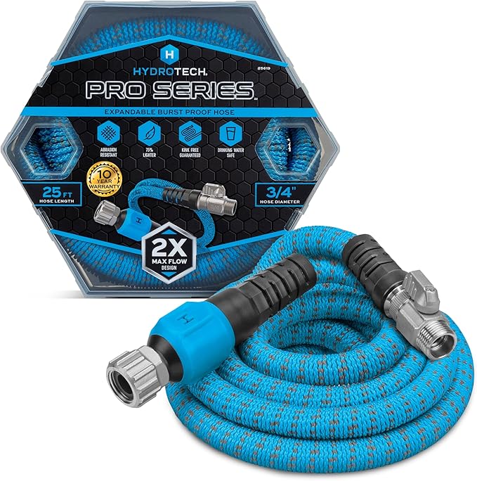 HydroTech 25 ft Expandable Garden Hose - Pro Series 2x Max Flow 3/4 No-Kink Flexibility Lightweight Hose for Lawn Garden Car Washing Deck and Patio Cleaning