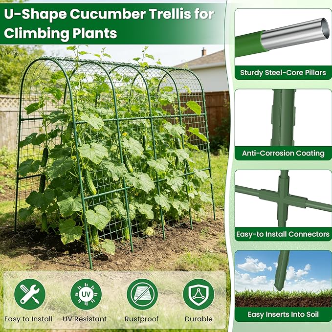 Cucumber Trellis for Raised Bed 64 L x 48 H U-Shape Garden Trellis for Climbing Plants Outdoor Metal Arch Trellis for Vegetables Plant Support for Tomato Pea Zucchini Grape Flowers