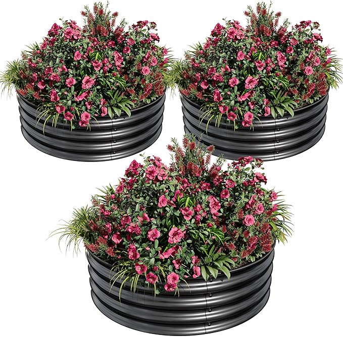2 x 1FT Round Galvanized Raised Garden Bed – Metal Planter Box Kit with Rust &amp Corrosion Protection Safe Rubber Edge Open Bottom Design – Easy Assembly for Vegetables Flowers Fruits