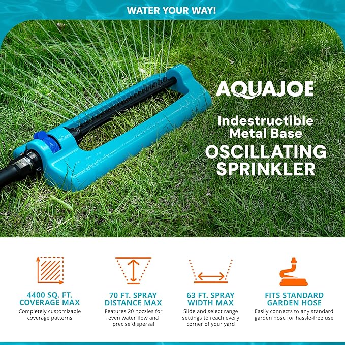 Aqua Joe SJI-OMS20 Jumbo Oscillating Sprinkler with Adjustable Spray and Metal Base Up to 4400-Square-Foot Coverage 70-Foot Spray Distance 63-Foot Spray Width