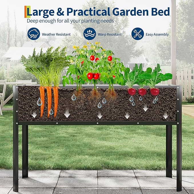 Raised Garden Bed with -Watering Reservoir - Tall Elevated Square Planter Box for Vegetables/Herbs Heavy Duty Steel Panels &amp Drainage (Water Tank Included)Black