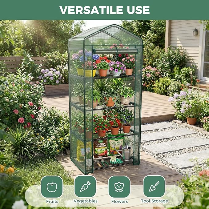 OLIXIS Greenhouse 27×19×63 4 Tier Portable Green House with Durable PE Cover Roll-up Zipper Door Small Greenhouses for Indoor Outdoor Balcony Porch Garden Patio Backyard Green Houses (Green)