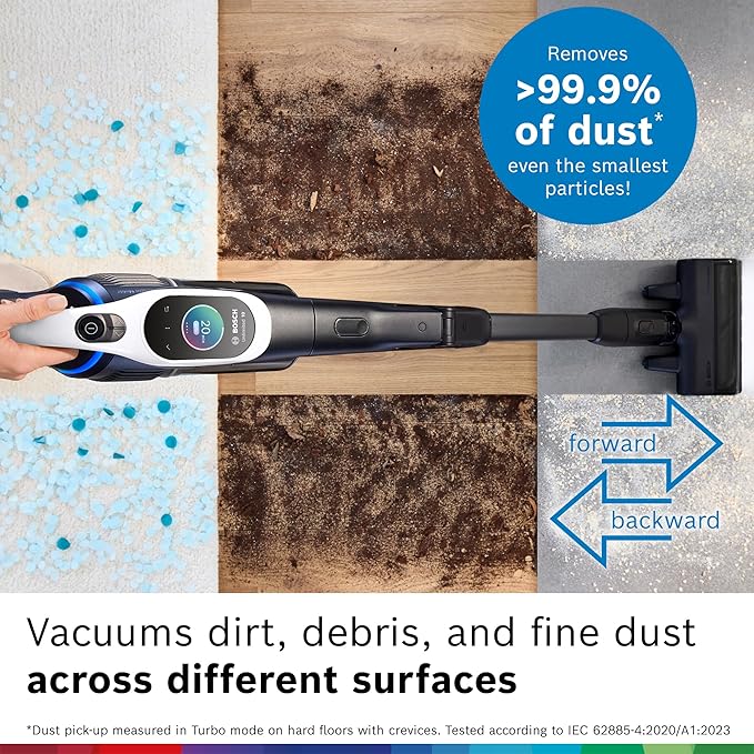 Bosch Unlimited 10 Cordless Stick Vacuum Cleaner - Up to 80 Min Battery Pet Hair Hard Floors Carpets HEPA Filter Bendable Tube for Under Furniture Upholstery 3 Accessories White