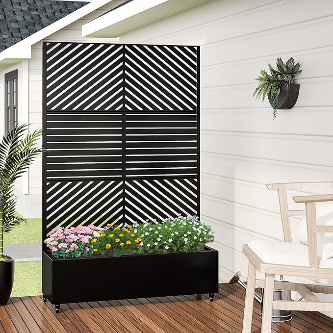 Casaphoria Metal Raised Garden Bed with Trellis and Wheels 72x47x16 Planter Box for Climbing Plants Vegetables &amp Vines Features Drainage Holes and Privacy Screen Black(Parallel&ampLouvered