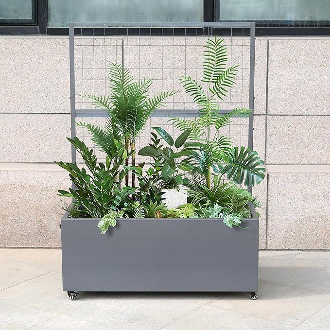 Metal Rolling Planter Box with Lattice Trellis Modern Steel Planter Box Trellis Corten Trough Planter with Casters 66” x 46” x 21” (Original Metal)