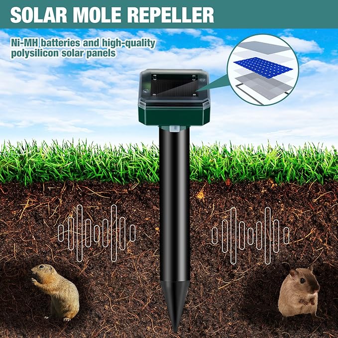 28 Pieces Solar Mole Repellent Ultrasonic Outdoor Gopher Deterrent Spikes for Garden Yard Lawn Waterproof Solar Powered Repeller for Groundhogs Voles Snakes and Other Burrowing Animals (Square)