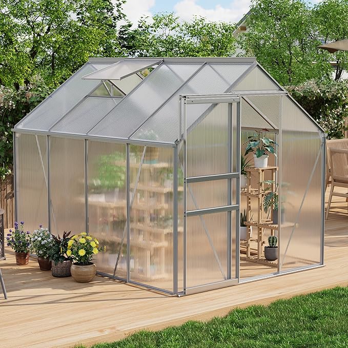 CABIHOME 6 x 6 FT Greenhouses for Outside Polycarbonate Greenhouse with Aluminum Frame Sliding Door Adjustable Roof Vent Backyard Green Houses Patio Garden Black (Silver 6x8 FT)