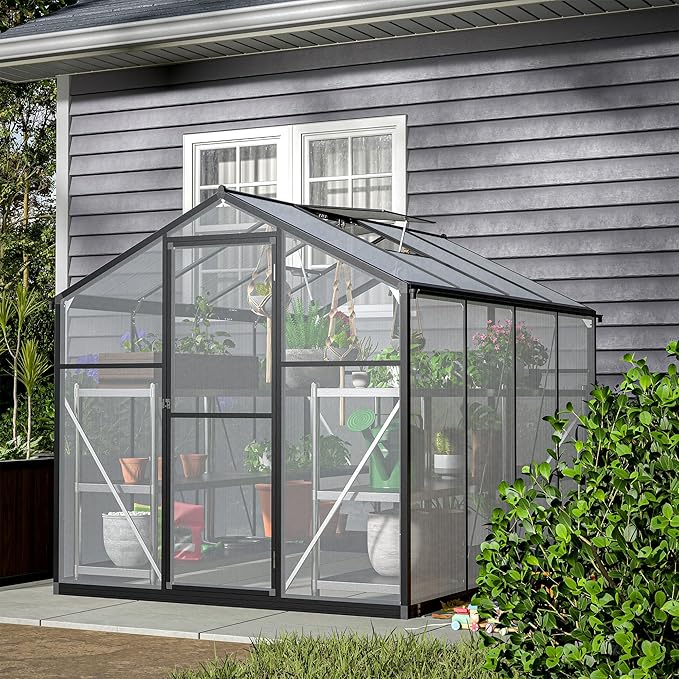 Polycarbonate Greenhouse 6'x8' Upgraded Heavy Duty Aluminum Walk-in Green House for Outdoor Garden with BaseAdjustment Roof VentHinged DoorRain Gutter2 GlovesFree Assembly Tools