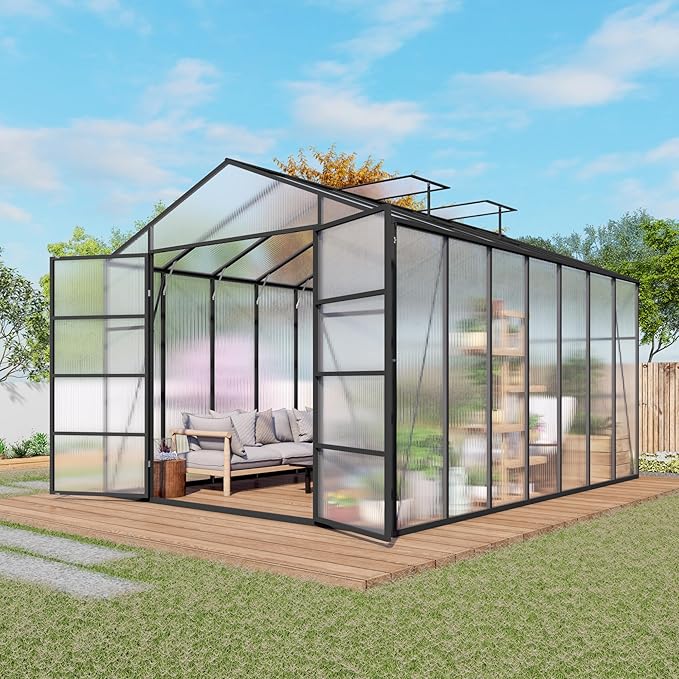 104in High 10x14FT Greenhouse for Outdoors Polycarbonate Greenhouses with Stronger Wind Protection and Roof Vent Walk-in Large Aluminum Winter-Proof Sunroom Black