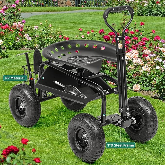 Rolling Garden Cart with 360° Swivel Work Seat Adjustable Height 10 Pneumatic Tires Tool Tray &amp Storage Basket Extendable Handle Reduces Back &amp Spine Strain