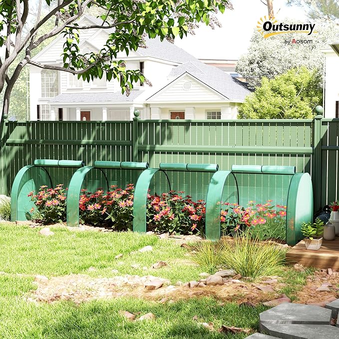 Outsunny 13' x 3' x 2.5' Mini Greenhouse Portable Tunnel Green House with Roll-Up Zippered Doors UV Waterproof PE Cover Steel Frame Green