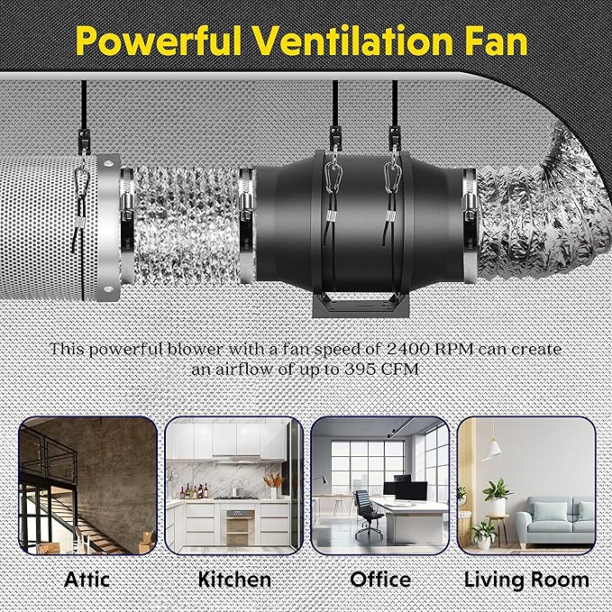 iPower 6 Inch Inline Duct Fan with Variable Speed Controller Ventilation 395 CFM Quiet Exhaust Blower for Grow Tent and Basements Black