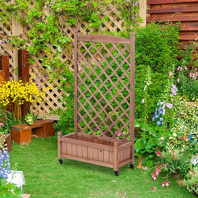 2-Pack Raised Garden Beds with Trellis &amp Wheels – Natural Wood Outdoor Planter Boxes with Climbing Racks Drainage Holes &amp Fixing Device – for Vegetables Flowers &amp Vines