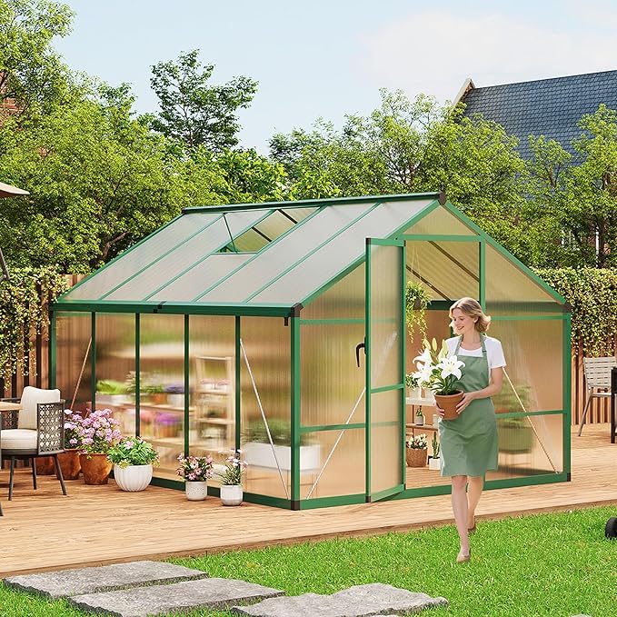 8X10FT Outdoor Greenhouse Aluminum Polycarbonate House Green Houses for Outside with Sliding Doors Ajustable Roof Vent Withstands Bad Weather for Garden or Backyard Green