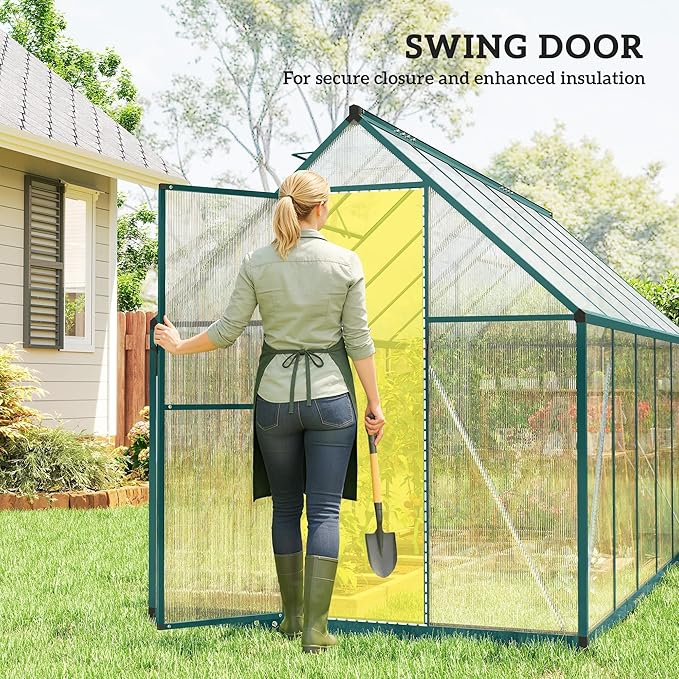 Outsunny 11x6 ft Polycarbonate Greenhouse with Swing Door and Two Adjustable Roof Vents Aluminum Walk-in Greenhouse Outdoor Greenhouse for Patio Garden Backyard Dark Green