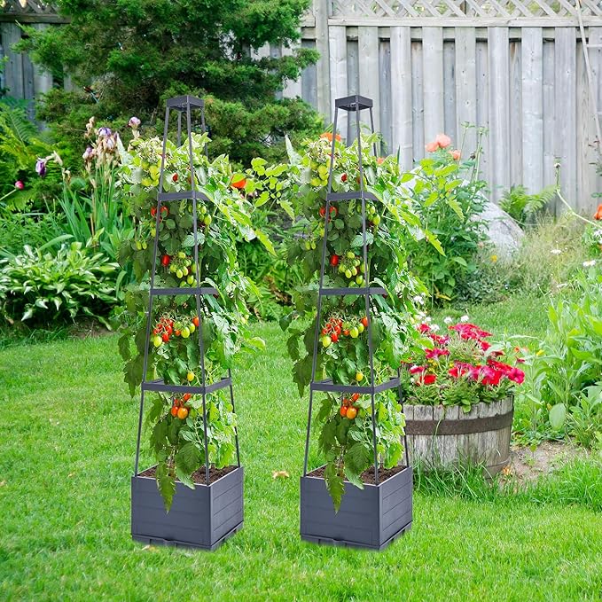 GENMOUS Raised Garden Bed with Tomato Planter Box Trellis 56'' Tomato Cages for Garden Tomato Planter Cage for Patio for Climbing Plants Vegetable Vine Flowers Outdoor &amp Indoor 4 Pack