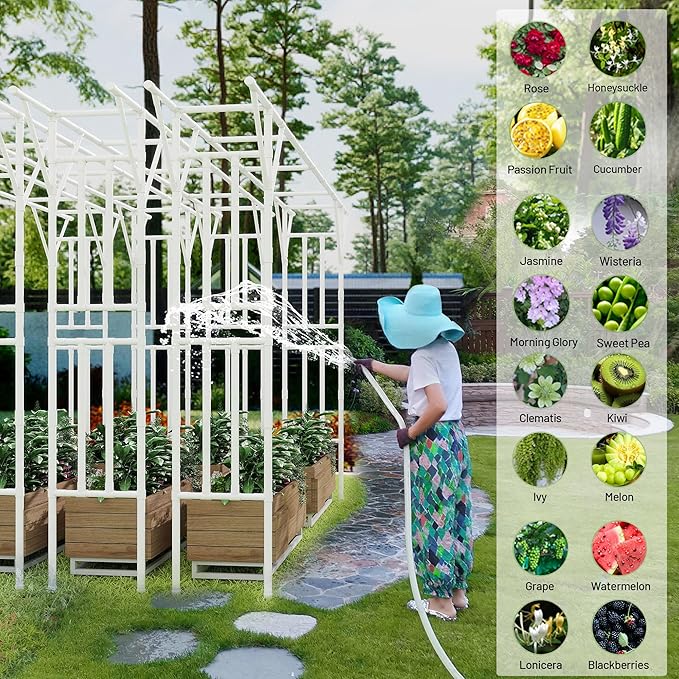 Flat Top Garden Arch Trellis Pergola 11.8 x 9.02 FT Large Metal Arbor for Climbing Plants Plastic-Coated Galvanized Steel Frame Outdoor Decorative Arch for Garden Backyard Lawn (White)