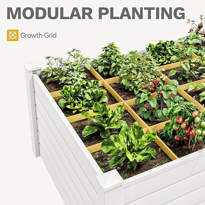 DWVO 4 x 4 x 2 FT Raised Garden Bed Outdoor Vinyl Flower Bed with Growth Grid Large Plastic Planter Box for Vegetables Flowers Herbs Fruits White