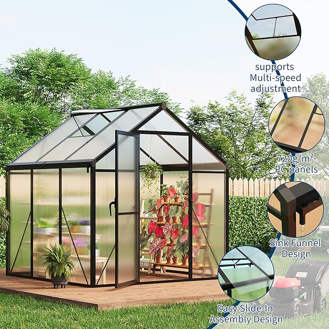 6x6 ft Greenhouse for Outdoors Polycarbonate Greenhouse with Roof Vent Ground Nails Lockable Push Door Aluminum Large Walk-in Green House for Outside Garden Backyard Patio Lawn Black