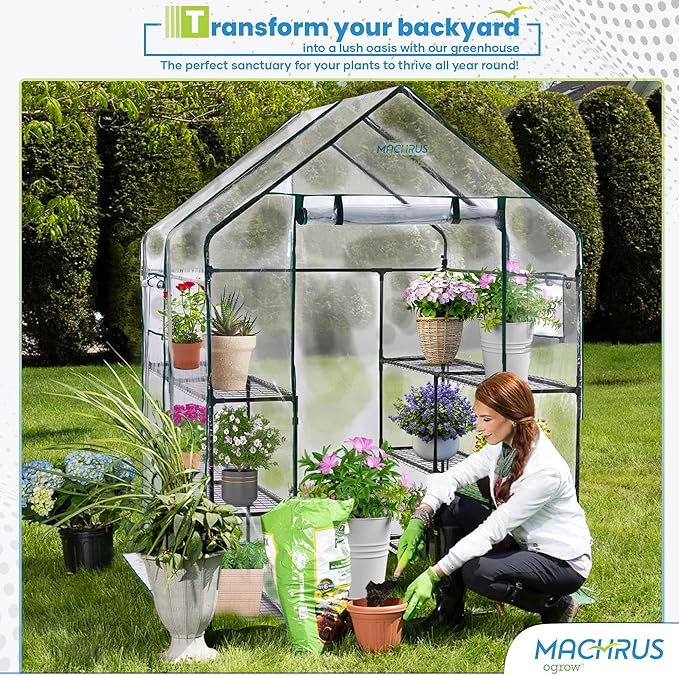 Machrus Ogrow Deluxe Walk-in Greenhouse with 3 Tiers and 12 Shelves - Clear Cover