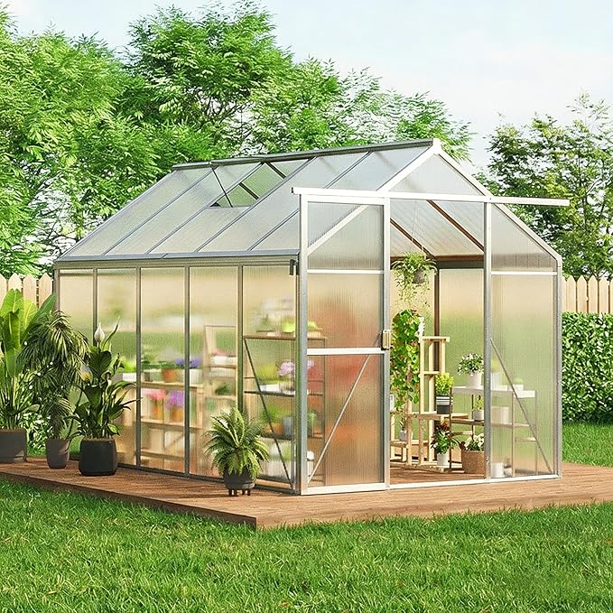 6x10 ft Outdoor Polycarbonate Greenhouse Durable Aluminum Frame with Lockable Door Adjustable Roof Vent Ideal for Backyard Patio or Garden All-Weather Green Houses for Outside Plant Growing